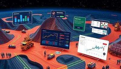 A dynamic digital landscape showcasing the MineTrade Hub platform interface with interactive trading dashboards, real-time market updates, and networking features, connecting miners, suppliers, and investors worldwide in a vibrant virtual marketplace, symbolizing the innovative and collaborative nature of MineTrade Hub.