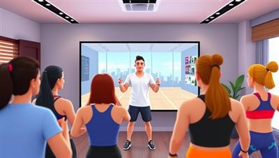 An energetic virtual fitness class scene with a coach leading a workout session on screen, surrounded by animated avatars of participants following along, showcasing the interactive and motivating nature of the platform.