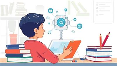 An engaging illustration of a student interacting with a virtual AI tutor on a tablet, surrounded by books and study materials, showcasing the seamless integration of technology and education in a personalized learning environment.