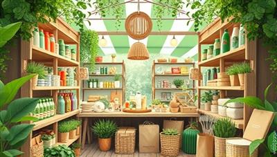 An artistic representation of a virtual marketplace showcasing a variety of eco-friendly products, from reusable water bottles and bamboo utensils to organic cotton clothing and recycled paper goods, surrounded by lush greenery and sustainable packaging, promoting a greener and more ethical shopping experience through GreenGoods.