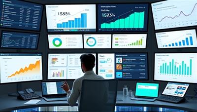 A digital finance hub with screens displaying financial charts, budgeting tools, and investment portfolios, featuring a financial coach assisting a client virtually, surrounded by money-saving tips, calculators, and financial guides, illustrating financial empowerment and guidance.