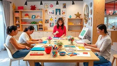 A vibrant virtual craft workshop setup with participants creating colorful DIY projects, crafting tools and supplies, artistic displays, and a lively instructor guiding the creative session, capturing the essence of virtual hobby and craft workshops in a dynamic and interactive environment.