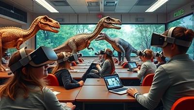 An immersive VR classroom setting with students wearing VR headsets, exploring a virtual world of dinosaurs, with a teacher guiding the experience and facilitating interactive learning activities, illustrating the educational potential of VR field trips.