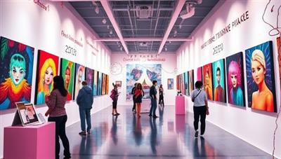 An immersive virtual art gallery scene with vibrant artworks displayed on digital walls, interactive art installations, and virtual attendees exploring the space, capturing the essence of the creative and inspiring environment within the Artistry Online Hub.