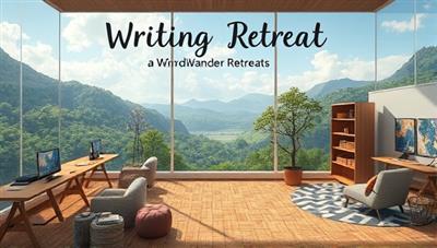 An artistic depiction of a virtual writing retreat scene, featuring a serene digital landscape with writing desks, nature views, and cozy nooks for contemplation, evoking a sense of peace, inspiration, and creative escape at WordWander Retreats.