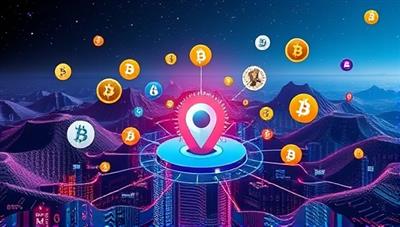 An artistic depiction of a digital landscape with various cryptocurrency symbols floating around a central hub representing CryptoCrafter, symbolizing expert management and optimization of digital asset portfolios.