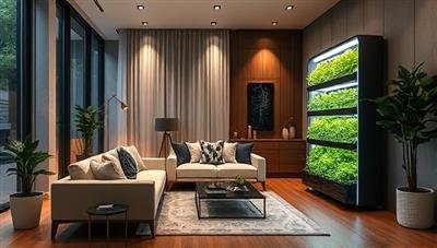 An artistic rendering of a modern, stylish indoor living space with a sleek vertical farming kit in the corner, showcasing lush green plants growing under vibrant LED lights, blending nature seamlessly into urban interiors.