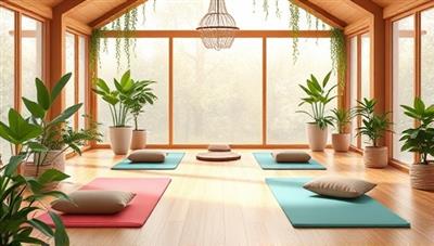A serene digital illustration of a virtual wellness retreat setting, with yoga mats, meditation cushions, and plant-filled spaces, creating a calming and rejuvenating ambiance for participants on a wellness journey with WellnessWander.