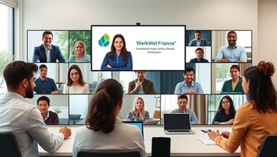 A professional webinar setting with a diverse group of corporate employees participating in a virtual financial wellness workshop led by experts from WorkWell Finance, engaging in discussions, interactive activities, and learning about personal finance strategies, symbolizing growth and empowerment in financial well-being.
