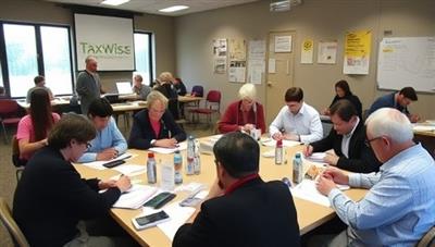 An engaging workshop setting with participants actively participating in tax preparation exercises, surrounded by tax guides, calculators, and educational materials, creating a collaborative and informative atmosphere within the TaxWise Community workshops.