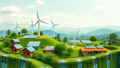 An eco-friendly visual showcasing a lush green landscape with renewable energy sources, sustainable buildings, and flourishing plant life, symbolizing the club's commitment to environmental stewardship, responsible investing, and a greener future for all members to enjoy and explore.