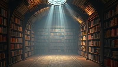 An artistic depiction of a digital library interface resembling an ancient, mystical vault filled with virtual shelves of rare books and manuscripts, illuminated by a soft glow, conveying a sense of mystery, discovery, and intellectual exploration, with the tagline 