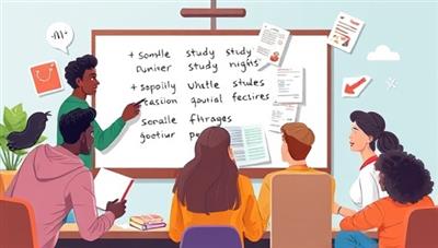 A dynamic digital illustration of diverse students engaging in a virtual study group session, sharing notes and ideas on a virtual whiteboard, with chat bubbles and study materials floating around them, illustrating the collaborative and interactive nature of the platform.