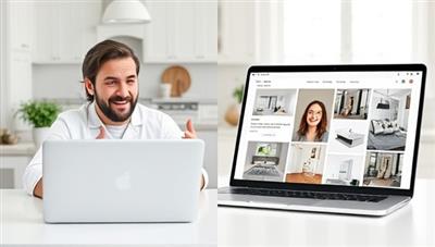 A split-screen image showing a homeowner excitedly discussing renovation plans with a virtual designer on a laptop, while a mood board of design ideas and renovation samples is displayed on the other side, creating a modern and interactive virtual consultation experience.