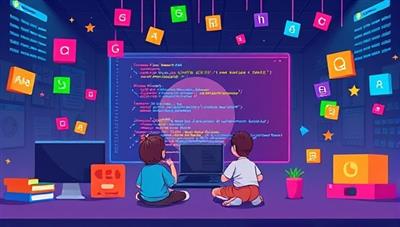 An imaginative illustration of a virtual coding class for kids, with colorful code blocks floating around a digital screen where children are building and programming interactive games, fostering a sense of learning and creativity in coding.