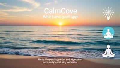 A serene digital oasis featuring a tranquil beach scene with gentle waves, a peaceful sunset, and a figure meditating in a lotus position, surrounded by symbols of relaxation and mental well-being, promoting the calming and rejuvenating benefits of the CalmCove app.
