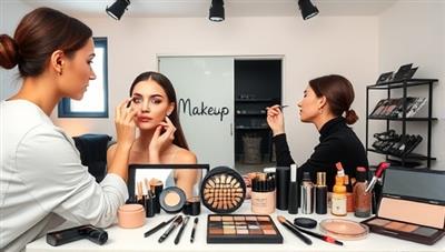 A virtual makeup class setup with a professional makeup artist demonstrating techniques on a model, with a variety of makeup products and tools displayed, showcasing a hands-on and interactive learning experience for beginners.