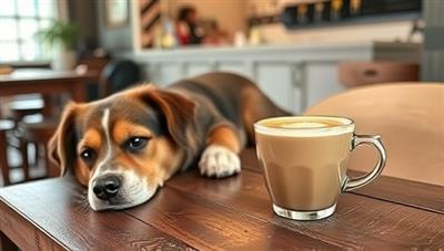 A charming cafe setting with a dog resting beside a latte cup on a rustic wooden table, capturing the essence of a cozy and pet-friendly environment that appeals to pet owners and coffee enthusiasts alike.