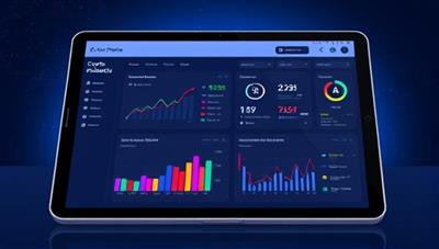 An illustration of a digital tablet displaying a dynamic crypto portfolio dashboard with interactive charts, performance metrics, and investment recommendations, portraying sophistication and digital innovation in crypto management.