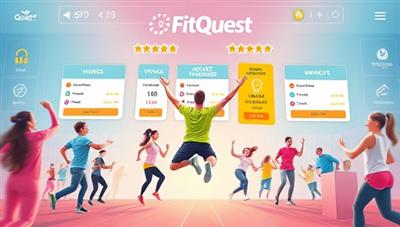 An energetic visual of users participating in virtual fitness challenges, completing workouts, earning rewards, and interacting with a virtual fitness community, showcasing the engaging and motivating aspects of FitQuest Challenges for users seeking a fun and interactive fitness experience.