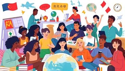 A vibrant and multicultural digital illustration of diverse individuals engaging in virtual language lessons and cultural exchanges, surrounded by language-related visuals and symbols, fostering a sense of global connection, language learning, and cultural appreciation, inspiring viewers to embark on a language journey.