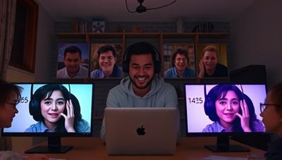 An engaging visual of a group of friends on a video call, each intensely focused on their screens while working together to solve a virtual escape room puzzle, capturing the excitement and teamwork of the experience.
