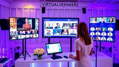 A virtual event planner coordinating a virtual event setup with screens displaying a live stream, interactive chat, and guest profiles, surrounded by event decorations and a dynamic event schedule, creating a vibrant and engaging virtual event atmosphere.