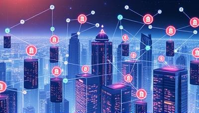 An innovative digital artwork depicting a futuristic cityscape with buildings symbolizing tokenized real estate assets, connected by blockchain networks and digital tokens flowing between them, illustrating the concept of decentralized and accessible property ownership through PropToken Exchange.