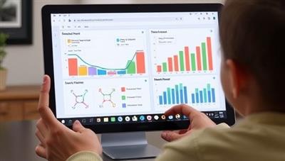 An AI-powered virtual tutor providing personalized lessons to a student on a tablet screen, with graphs showing progress and engagement levels in the background, illustrating the adaptive and effective learning experience of AI Tutor Pro.