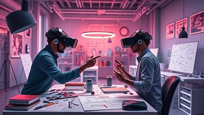 An artistic representation of a futuristic virtual reality design studio with designers wearing VR headsets, sketching out escape room concepts in a digital space filled with interactive elements and virtual puzzles, highlighting the creativity and innovation of the service.