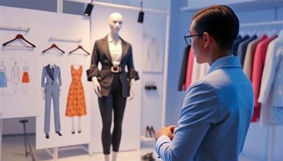 An AI-powered fashion consultant visualized as a digital stylist creating outfit ensembles on a virtual mannequin, surrounded by fashion sketches and fabric swatches, conveying creativity and personalization in fashion styling.
