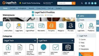 An interactive online marketplace interface showcasing a variety of legal tech products and services, with user-friendly navigation and search features, displaying legal software icons and legal tech categories, illustrating the convenience and accessibility of LegalTech Hub for legal professionals seeking innovative solutions.