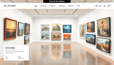 A digital art gallery interface showcasing a diverse collection of artworks displayed in a sleek and interactive virtual space, with options to zoom in on details, view artist information, and make purchases, capturing the immersive and engaging virtual art gallery exhibition experience.