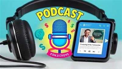 A podcast cover art design featuring a microphone, financial symbols, and vibrant colors, conveying a dynamic and informative podcast network for financial literacy enthusiasts, set against a backdrop of headphones and a smartphone playing a podcast episode.