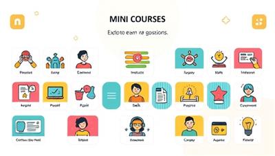 An illustration showcasing a diverse selection of mini-courses on a digital platform, with icons representing different skills and interests, inviting users to explore and learn through interactive modules.
