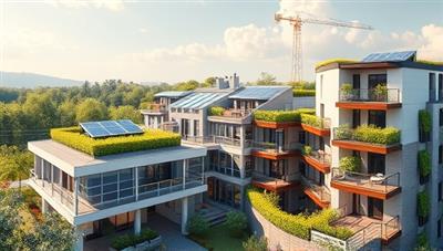 An artist's rendering of a modern, sustainable residential complex with solar panels, green roofs, and energy-efficient features, showcasing the vision of sustainable real estate development.