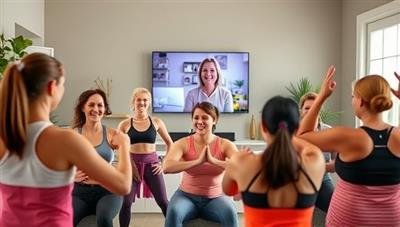 An energetic virtual workout session led by a fitness coach, with participants following along from their homes, showcasing a diverse group of individuals exercising together in a motivating and supportive environment, promoting the sense of community and commitment.