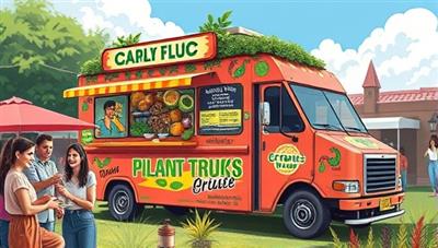 An artistic rendering of a vibrant food truck adorned with colorful plant-based dishes, surrounded by happy customers enjoying their meals outdoors, capturing the essence of flavorful and sustainable street food culture.