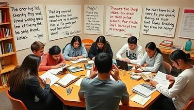 A dynamic workshop setting with teenagers immersed in creative writing activities, sharing ideas, reading excerpts, and brainstorming story plots, surrounded by inspiring quotes, books, and writing tools, fostering a vibrant and collaborative writing community.