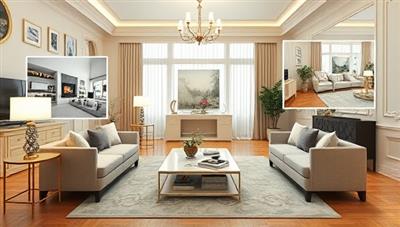 An elegant living room setting with virtual design elements overlaying the space, showcasing different decor styles, color schemes, and furniture placements recommended by VirtualDeco's virtual interior designers, highlighting the transformative power of digital design consultations.
