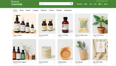 An online marketplace showcasing a variety of sustainable products, including organic cosmetics, recycled fashion items, eco-friendly home decor, and zero-waste essentials, illustrating the diverse and eco-conscious offerings available on EcoEssentials.