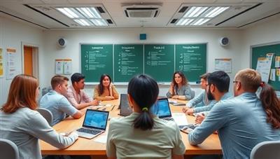 An immersive virtual classroom environment with AI language tutors interacting with diverse students practicing speaking exercises, symbolizing the cutting-edge technology and personalized learning experience offered by LingoMaster AI.
