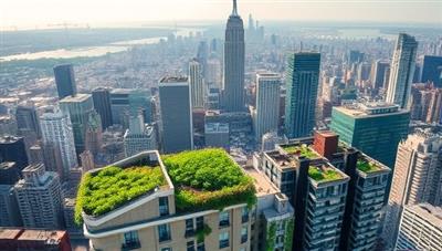 An aerial view of a bustling city skyline with vibrant rooftop gardens adorning various buildings, showcasing the beauty and environmental impact of SkyHarvest Greenscapes' urban green initiatives.