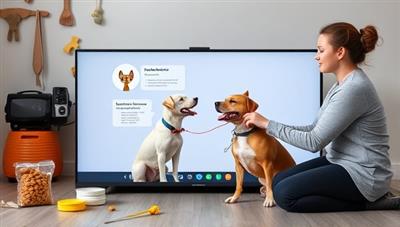 A professional pet trainer conducting a virtual training session with a well-behaved dog, demonstrating positive reinforcement techniques and obedience commands through an online platform, surrounded by pet training props and treats, creating a harmonious and educational pet training environment.