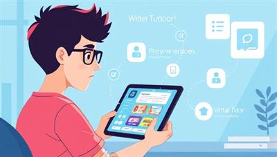 An animated illustration of a student using the BrainBoost AI app on a tablet, with interactive study modules, personalized recommendations, and a virtual tutor feature, showcasing the app's engaging and educational interface.