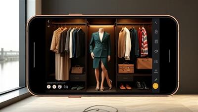 An elegant and sophisticated app interface displaying a virtual closet with personalized outfit suggestions, accessories, and fashion tips, creating a virtual styling experience that mimics a high-end boutique.