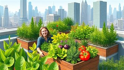 An artistic rendering of a modern urban rooftop garden filled with lush green plants, colorful vegetables, and a person joyfully tending to the garden, surrounded by city skyscrapers in the background, symbolizing harmony between nature and urban living.