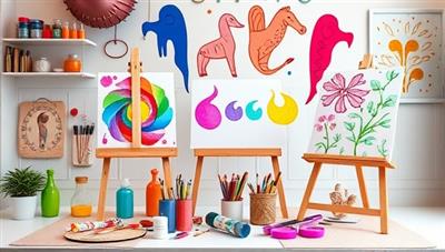 A digital art studio setup with colorful paints, brushes, crafting materials, and artistic creations displayed on virtual easels, inspiring creativity and artistic exploration in a vibrant and interactive online environment.