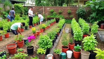 A lush garden setting with participants planting, watering, and tending to various plants and flowers, surrounded by gardening tools, pots, and greenery, creating a serene and nurturing atmosphere at Green Thumb Haven.