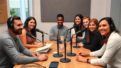 A vibrant and diverse group of individuals sitting around a podcast recording table, each with headphones on, microphones in front of them, and engaged expressions, showing collaboration and creativity in podcast production.
